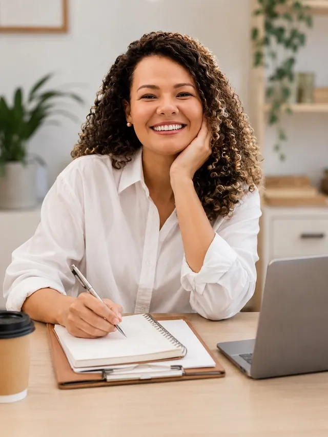 Giulianna Ruiz sorrindo, escrevendo em um caderno ao lado do notebook aberto para uma sessão online